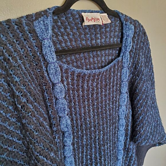Vintage Y2K Sweater Blue Black Knit Chenille Accents Dolman Sleeves *READ* - Picture 3 of 12